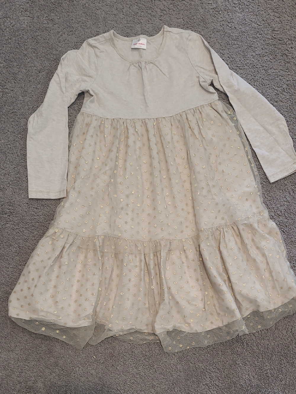 Hanna Andersson Oatmeal Heather Dress with Gold Dot Tulle
